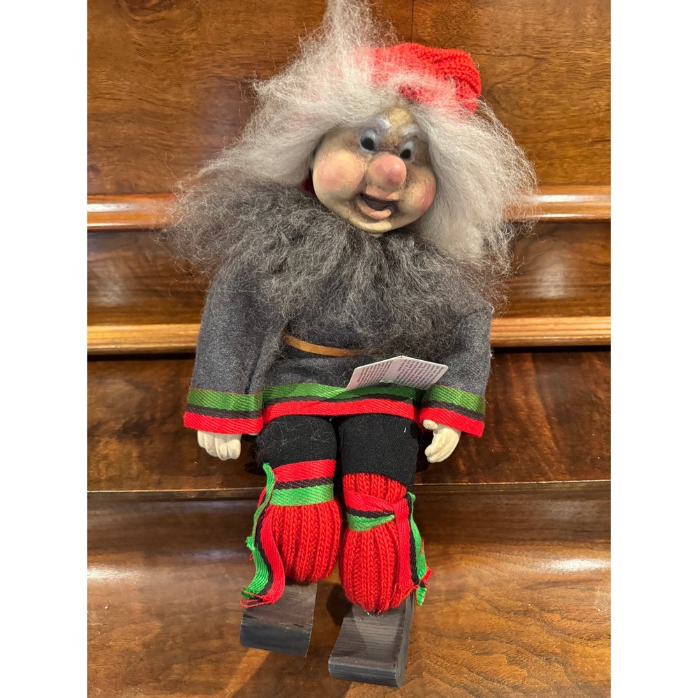 Vintage Hallingnissen Norway Gnome Nisse Doll on Skis Scandinavian Folk Art